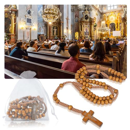 60 Set Wooden Rosary Beads Bulk Wood Catholic Rosaries with Jesus Holy Cross First Communion Wood Carved Rosary with Organza Bags Religious Rosary Catholic Baptism Church Present for Men Women