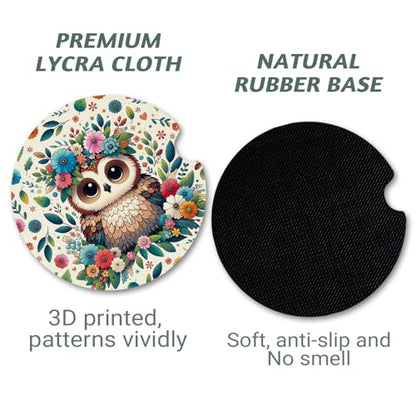 Yonlevres Car Coasters for Cup Holders, Flower Owl, 2.75", 2 Pack - color: Flower Owl
