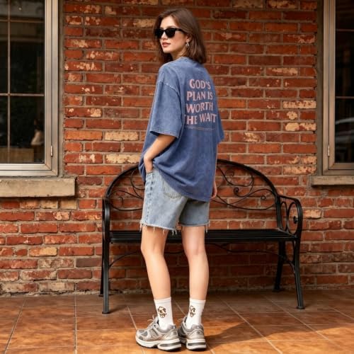 Christian Oversized Shirts for Women God Graphic Tees Shirts Bible Verse Jesus Shirt Religious Acid Wash Tshirts - color: Blue, size: Medium