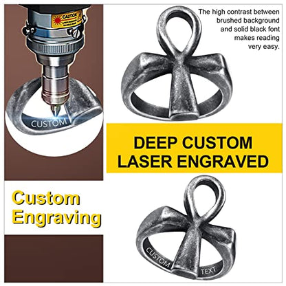 ChainsProMax Can Engrave Men Ancient Egyptian Eye of Ra Ankh Cross Ring, Size #7-#14, Stainless Steel/Gold Plated/Black (Send Gift Box) - color: Engrave-ankh cross-grey
