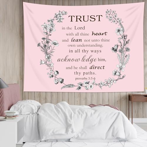 HVEST Floral Bible Verse Tapestry Wall Hanging Black and White Flower and Inspirational Quotes on Pink Tapestry Christian Scripture Wall Art for Bedroom Living Room Dorm Wall Decor, 60W X 40H inches - color: Pink Black, size: 40"L x 60"W