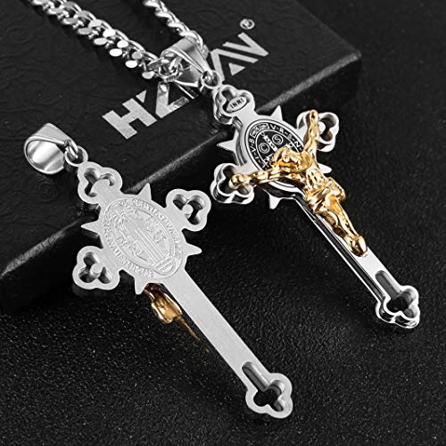 HZMAN Stainless Steel St. Benedict Crucifix Cross Necklace for Men - color: Large Silver & Gold
