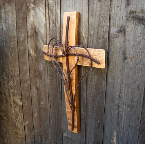 Eco Wine Furniture Rustic Wooden Wall Cross with Barbed Wire Double Heart Design, Handcrafted Religious Home Decor