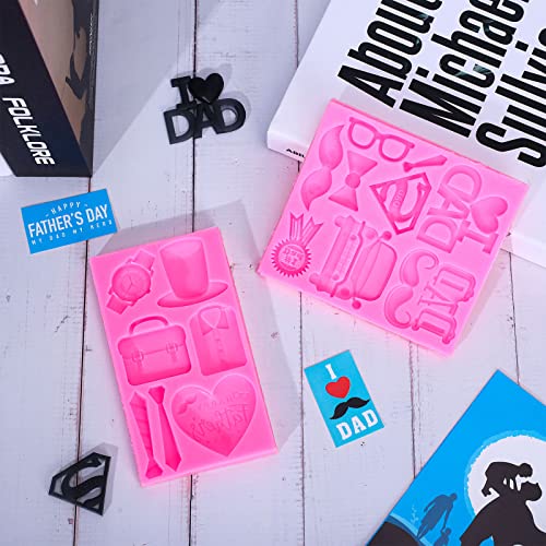 Whaline 2Pcs Father's Day Fondant Molds I Love DAD 3D Silicone Moulds Watch T-shirt Mustache Tie Pattern Resin Molds Cupcake Cookie Baking Decorating Moulds for Dad Birthday Party DIY Candy - style: Father's Day