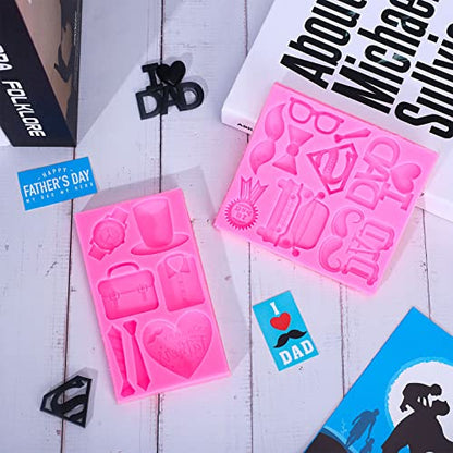 Whaline 2Pcs Father's Day Fondant Molds I Love DAD 3D Silicone Moulds Watch T-shirt Mustache Tie Pattern Resin Molds Cupcake Cookie Baking Decorating Moulds for Dad Birthday Party DIY Candy - style: Father's Day