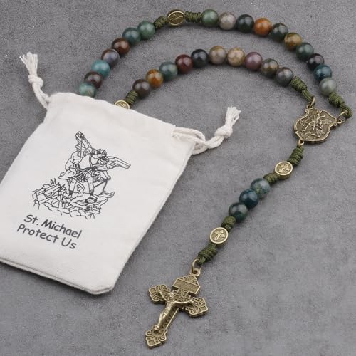 HanlinCC Stone Beads St.Michael Paracord Catholic Rosary with Bag for Men - style: India Agate
