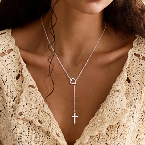 Cross Necklace for Women, Dainty 14K Gold Plated Cross Pendant Simple Long Necklaces for Women, Christian Faith Necklace Trendy Gold Jewelry Gifts for Easter - color: fixed silver heart infinity cross necklace