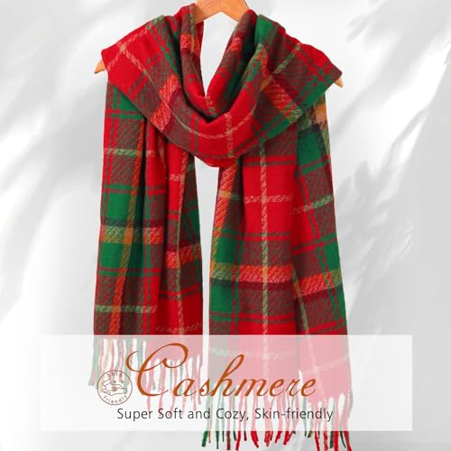 Clothirily Womens Winter Scarf, Oversized Long Blanket Plaid Shawl Wrap - color: Red & Green Plaid