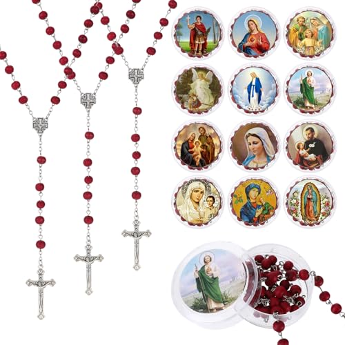 24 Pcs Red/White Rosary Beads Bulk, Jesus Cross Rosarios Catolicos, Virgen De Guadalupe Wooden Beads Rosary Necklace with Box, Catholic Gifts Funeral Baptism Favors First Communion Favors for Guests - color: Red