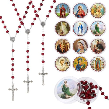 24 Pcs Red/White Rosary Beads Bulk, Jesus Cross Rosarios Catolicos, Virgen De Guadalupe Wooden Beads Rosary Necklace with Box, Catholic Gifts Funeral Baptism Favors First Communion Favors for Guests - color: Red