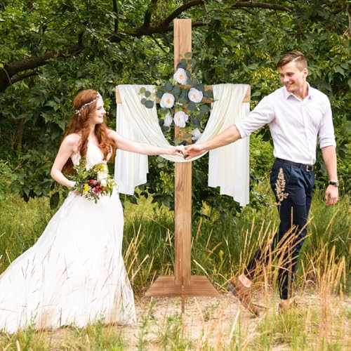 71Inch Large Wooden Cross for Wedding White Ribbon Eucalyptus Garland Brown - color: Brown, size: 71Inch