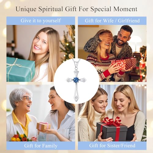 Cross Necklace for Women,925 Sterling Silver Faith Jewerly Gift - color: 09-September-Sapphire