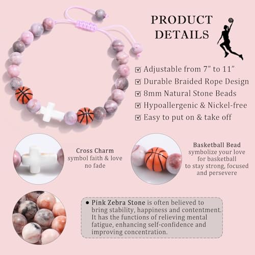Baseball/Basketball/Soccer/Softball/Volleyball Bracelet for Girls Women- Cross Charm Beaded Bracelets, Christmas Birthday Easter Graduation Gifts for Daughter Granddaughter Niece Sister Coach - style: Basketball