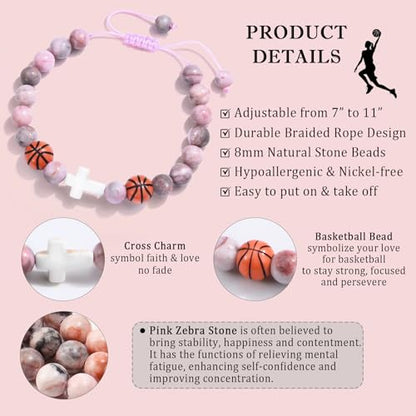 Baseball/Basketball/Soccer/Softball/Volleyball Bracelet for Girls Women- Cross Charm Beaded Bracelets, Christmas Birthday Easter Graduation Gifts for Daughter Granddaughter Niece Sister Coach - style: Basketball