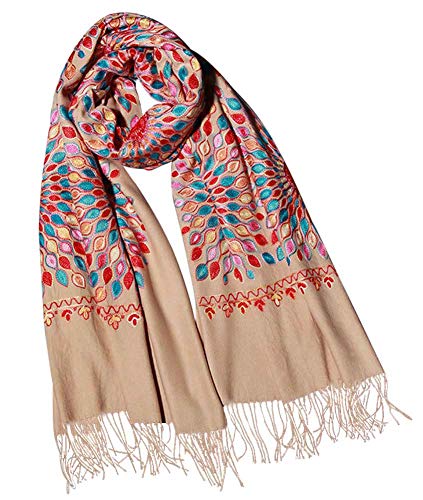 Urban CoCo Embroidered Scarf for Women, Tassel Shawl, Soft Lightweight Wrap - color: Camel