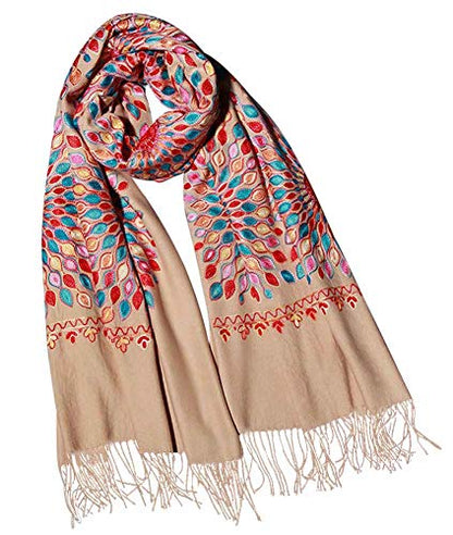 Urban CoCo Embroidered Scarf for Women, Tassel Shawl, Soft Lightweight Wrap - color: Camel