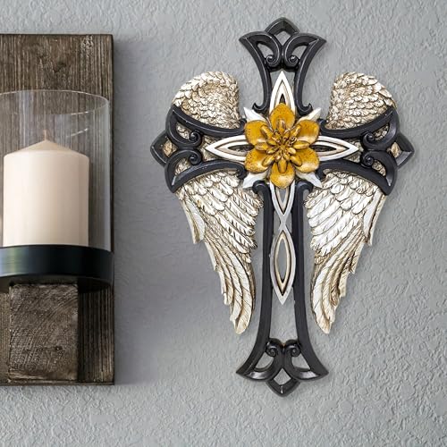 Angel Wings Cross with Flower - Decorative Resin Wall Cross Crucifix Plaque