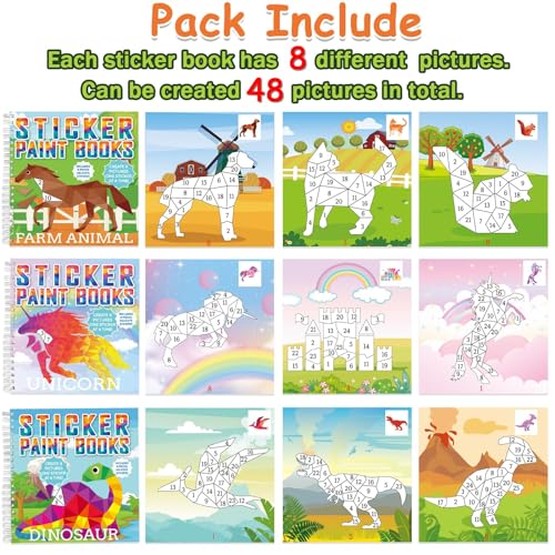 6 Pcs Paint by Sticker Books for Kids Ages 4-8 Sticker by Number Books Activity Book for Kids Ages 3-5 Sticker Puzzle Book Craft Art Toddler Girls Gift with Dinosaur Unicorn Forest Animal 48 Pictures - style: Animal