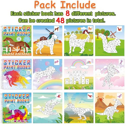 6 Pcs Paint by Sticker Books for Kids Ages 4-8 Sticker by Number Books Activity Book for Kids Ages 3-5 Sticker Puzzle Book Craft Art Toddler Girls Gift with Dinosaur Unicorn Forest Animal 48 Pictures - style: Animal