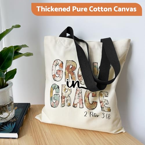 Canvas Tote Bag Aesthetic for Women, Cute Tote Bag with Zipper Pocket, Heavy Duty Reusable Shopping Bags for Grocery - color: 07-grow in Grace