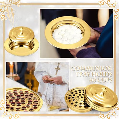 Zhehao 3 Pcs Communion Tray Set for Church, Tray & Plates with Lids, Gold - size: Gold