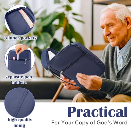 Large Bible Cover Case for Women and Men, 10x7 PU Leather Bible Sleeve, Compact Travel Bible Carrier Bag with Front Pen Holders, Zipper Closure, Inner Pockets - Blue - color: Blue, size: 10.12''x7''x1.8''