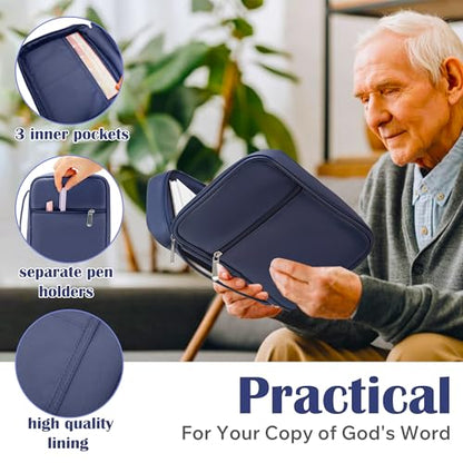 Large Bible Cover Case for Women and Men, 10x7 PU Leather Bible Sleeve, Compact Travel Bible Carrier Bag with Front Pen Holders, Zipper Closure, Inner Pockets - Blue - color: Blue, size: 10.12''x7''x1.8''