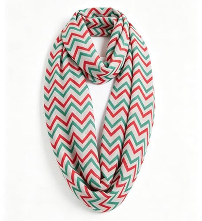 Lina & Lily Holiday Christmas Pattern Print Women's Infinity Scarf Lightweight - color: Red Green White, Chevron