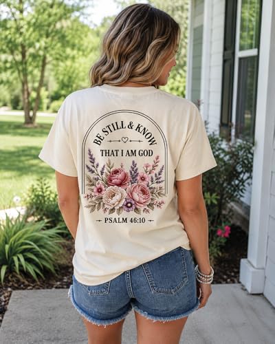 Christian Shirt for Women Be Still and Know Psalm 46:10 Graphic T-Shirt - color: Creamy Yellow-1, size: Small