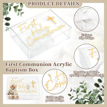 First Communion Keepsake Box Acrylic Baptism Memory Gift Box for Boy Girl Catholic Religious First Holy Communion Prayer Storage Gift for Rosary Jewelry Memento Photo, 8 x 5.5 x 2.36 Inch