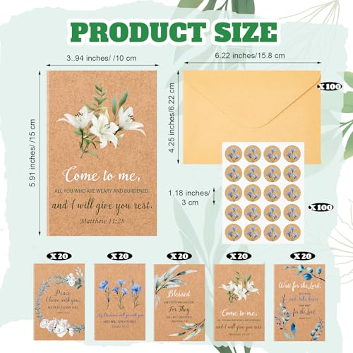 Motiskyy 100 Sets Religious Sympathy Cards with Envelopes and Stickers Assorted Watercolor Floral Greenery Kraft Condolence Bereavement Greeting Cards for Comfort During Loss and Grief