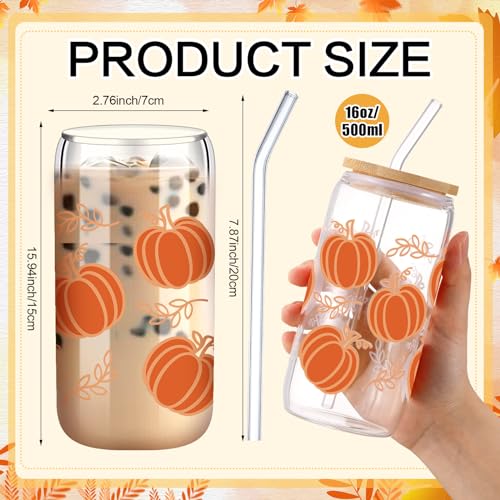 SiliFine 6 Pcs Fall Glass Cups, 16 oz with Lids and Straws - style: Fall Pumpkin Maple