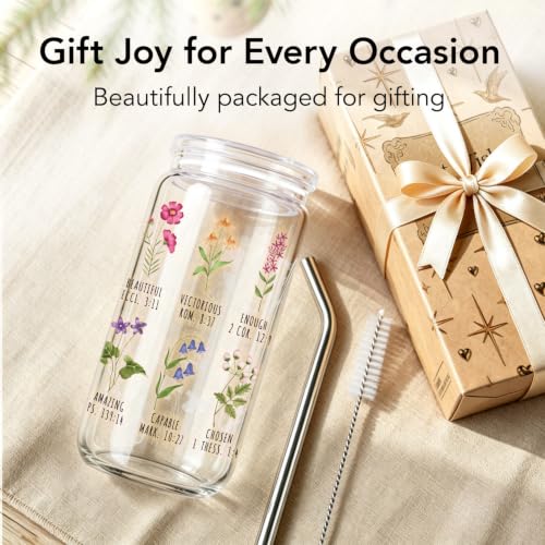 Wildflower Gifts for Christian Women 16 oz Glass Cups with Lids and Straws, Inspirational Scripture Coffee Cup Tumbler for Friends, Mothersday Baptism Birthday Religious Graduation Gifts for Mom Teens