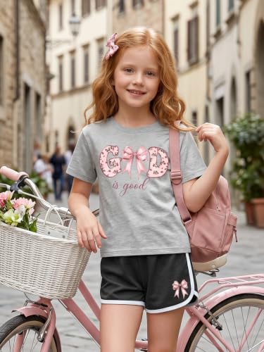 Eatbook Christian Girls Clothes 2 Pcs God is Good T-Shirt Bow Shorts Set - color: Grey, size: 11-12 Years