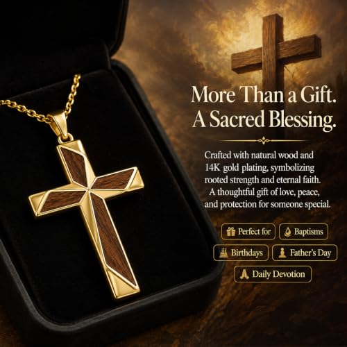 14K Gold Plated Wood Cross Necklace for Men Christian Pendant Jewelry - color: A01-Cross