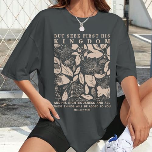 Oversized Christian Faith Shirts for Women Jesus Bible Verse Tshirts Wildflower Floral Boho Shirt Vintage Graphic Tee - color: Charcoal Gray, size: Large