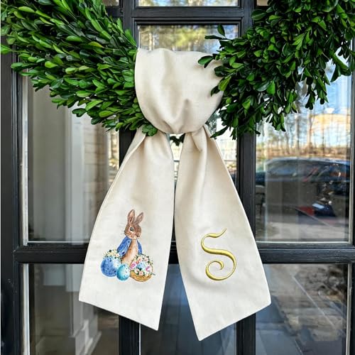 Rabbit Easter Wreath Bow Custom Embroidered Monogram Spring Bunny Wreath Sash for Front Door Hand Tailored Easter Decorations Spring Bows for Wreaths (J) - color: J