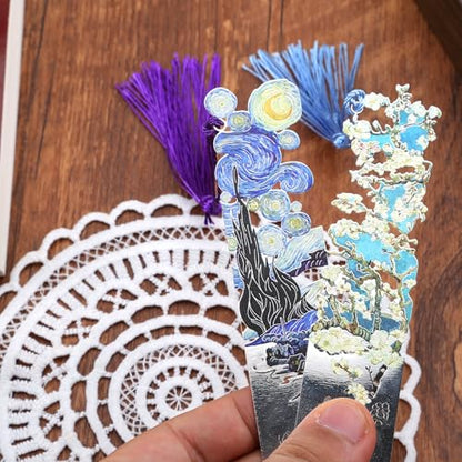 2 Metal Bookmarks with Tassel, Oil Painting Starry Night Over The Rhone and Almond Blossoms, Pretty Bookmarks for Women - style: 《Starry Night Over The Rhone》 and 《Almond Blossoms》