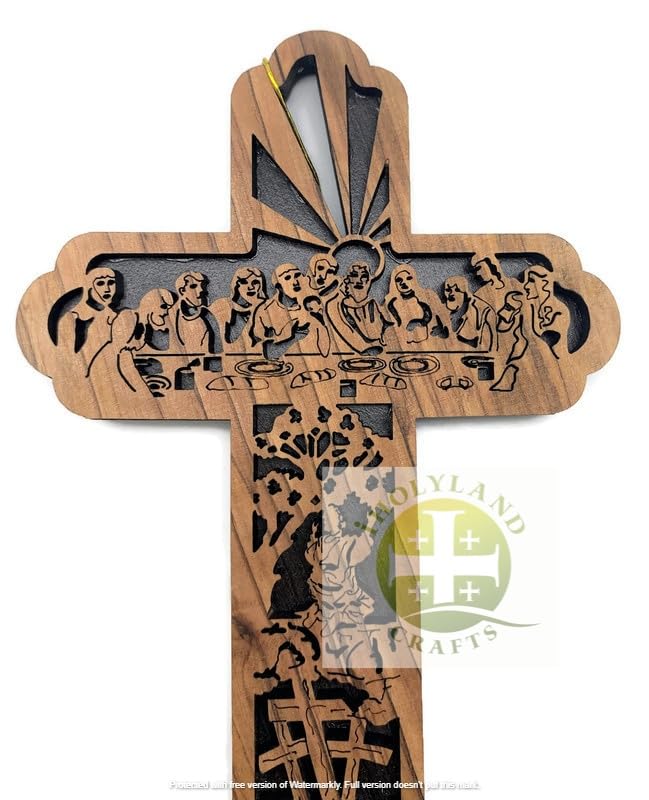 Last Supper Cross for Wall, Set of 3 Olive Wood Holy Land Cross from Bethlehem, Wooden Cross Wall Decor, Christmas Tree Ornament, Religious Gifts for Home, 6.25" x 4.1" - style: 3 Crosses