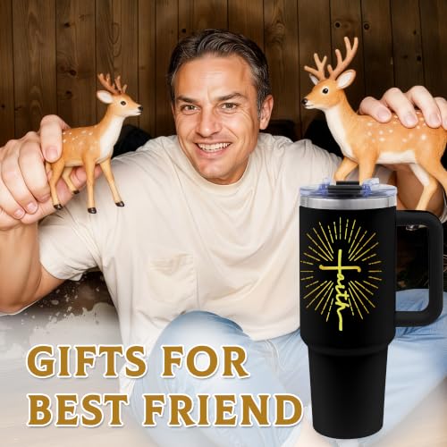 Christian Gifts for Men, Jesus 40 oz Tumbler with Handle & Straw - color: Black-Cross-NX