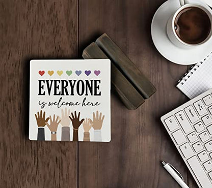 Gkwa Mini Wood Plaque, Everyone is Welcome Here, 4 x 4.3 inches, Wood Sign Plaque Gift, Desk Sign, LGBT Pride, Black Lives Matter, Diversity, Equality, Classroom Sign - color: Everyone 01