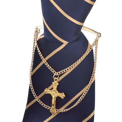 Men Gold Tie Chain Cross Religious Double Curb Chain Tie Clip 2.4" Business Jewelry