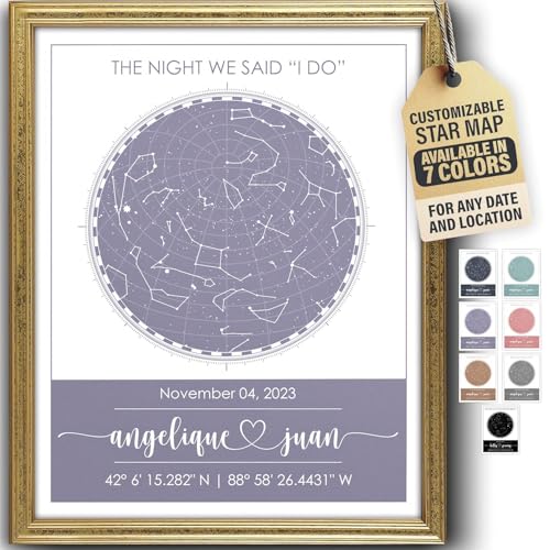 Custom Star Map - Fully Personalized (Your Details, Size, Color, Framing) | Romantic Gifts for Her | Gifts for Husband | Paper Anniversary Art Print | Great Gift for Special Ocassions (e.g. Wedding, Birthday, etc) - color: Purple, size: 11x14, style: Acce