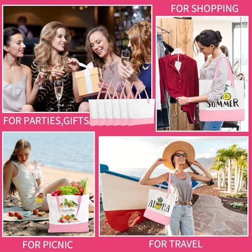 6-Pack Canvas Tote Bag with Zipper, Large Reusable Grocery Tote, Pink - color: Pink/White