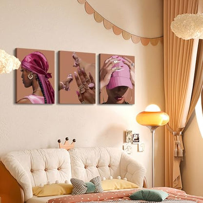 Black Girl Poster Pink Bedroom Wall Decor Set of 3 - color: Framed 12"x16" Black Girl Wall Art Set of 3