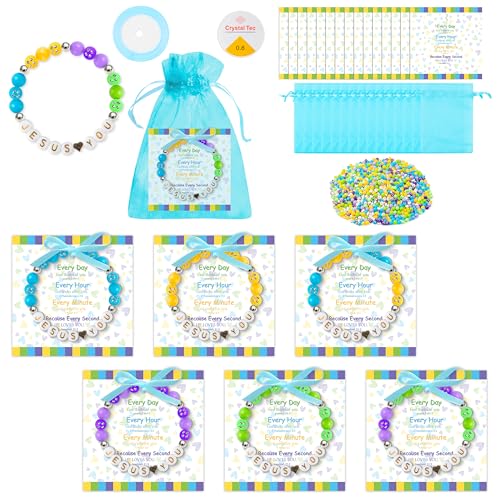 BeYumi Christian Bracelet Craft Kit - 24Pcs DIY Religious Jesus Love You Letter Beads Bracelet with Bible Verse Gift Cards Jesus Faith Craft Kit VBS Week Sunday School Church Party for Kids - style: Jesus Love You