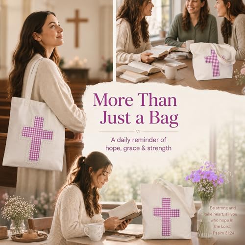 Christian Tote Bag Gift for Women, Canvas Bible Bag Handmade Floral Cross - color: White-pink Gingham