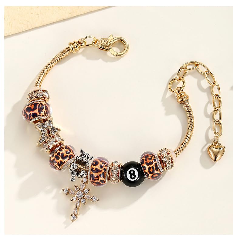 Y2k Charm Bracelet for Women Star Cross 8 Ball Leopard Beaded Bracelet - color: Gold
