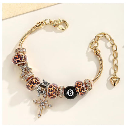 Y2k Charm Bracelet for Women Star Cross 8 Ball Leopard Beaded Bracelet - color: Gold