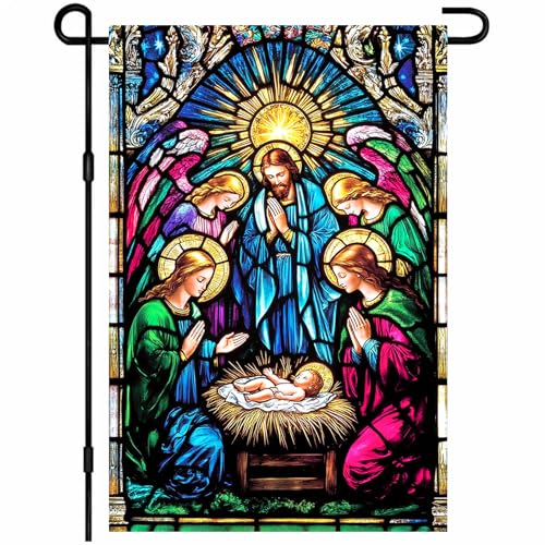 IVN Merry Christmas Nativity Scene Garden Flag 12x18 Inch Double Sided - color: Christmas Stained Glass Three Kings